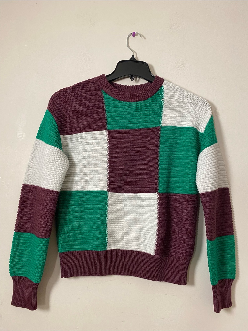 twik Checkered Crewneck Sweater in Green, White & Burgundy